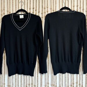 Nike Black White Trim Wool V-Neck Preppy Outdoor Golf Cozy Long Sleeve Sweater L